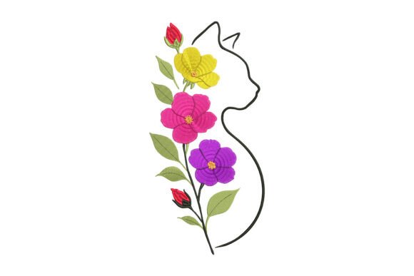 Cat with Flowers Embroidery Design
