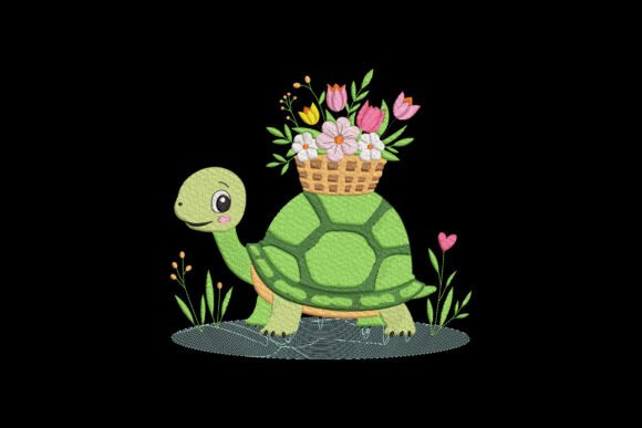Cute Turtle with Flowers Embroidery Design