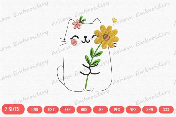 Flower Hug Cat Embroidery Design